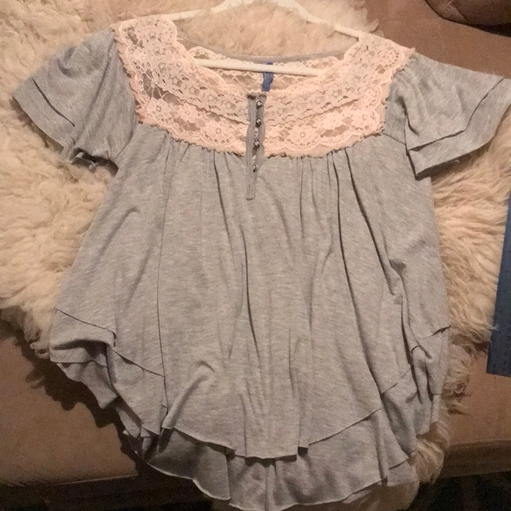 Gray and ivory lace layered free people tee